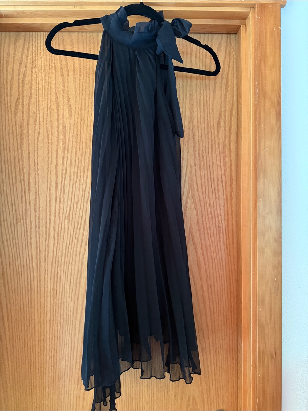 Black Chiffon Halter Pleated Dress with Neck Tie